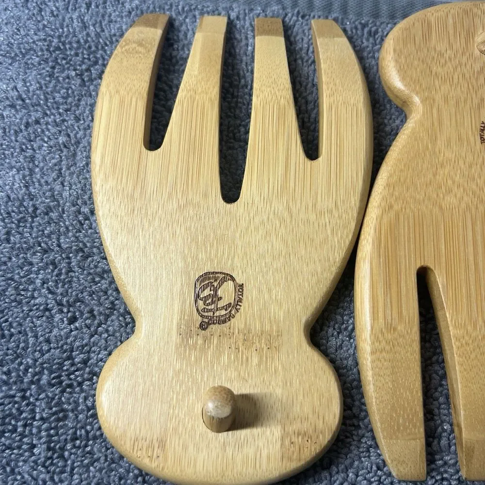 Totally Bamboo Salad Hands Set 2pc Moso Wood Servers Tongs with Thumb Grip Hook